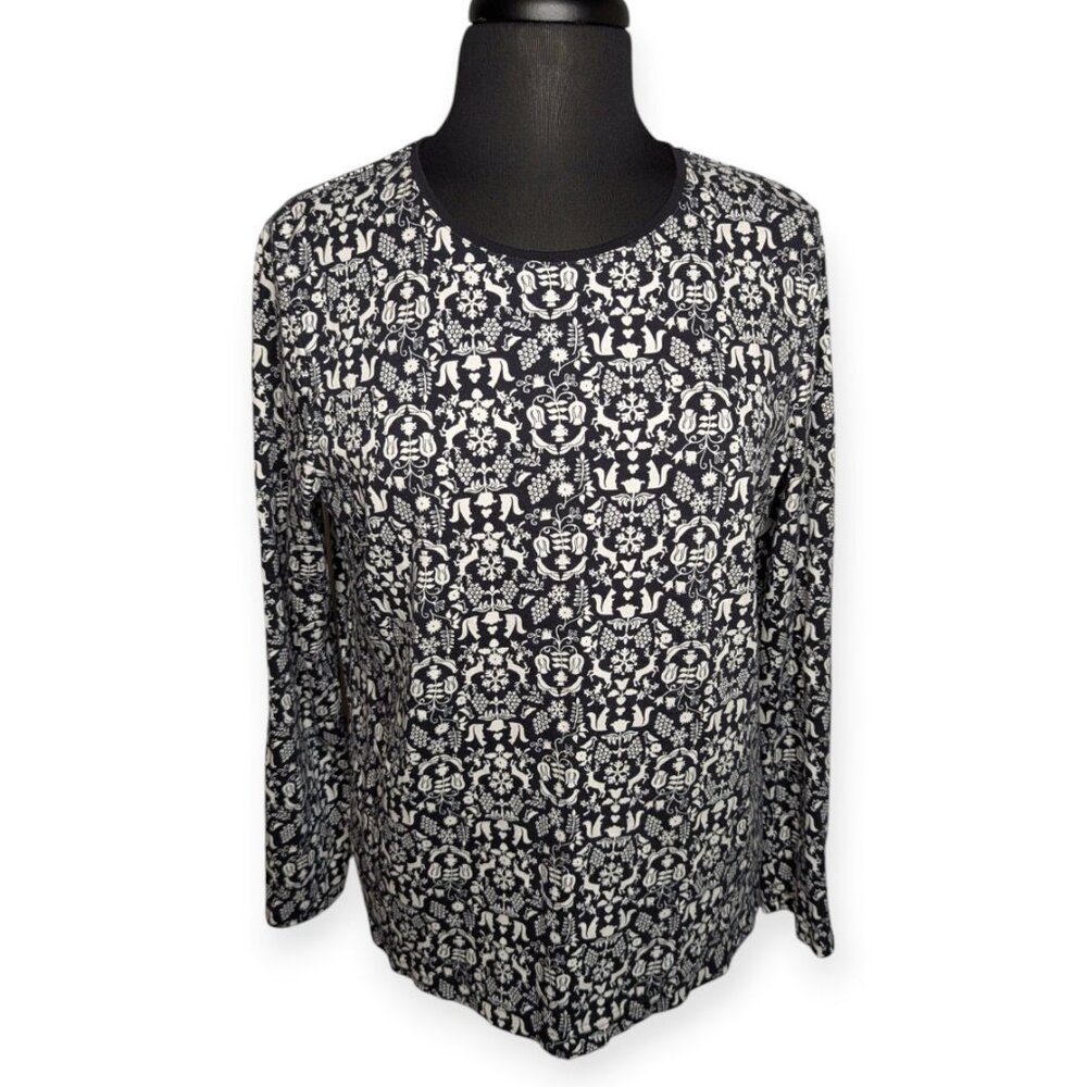 Croft & Barrow Classic Tee Black & White Floral Pattern Long Sleeve Top Size XL